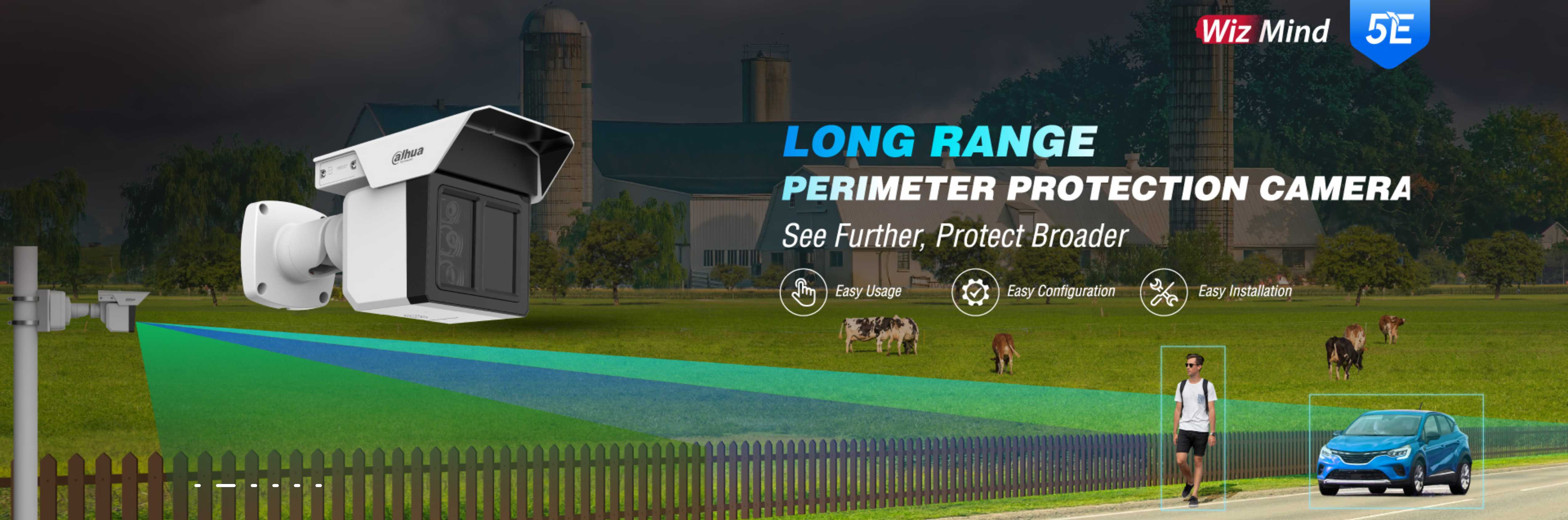 Dahua 4K perimeter protection camera with long-range coverage visualization showing easy usage, configuration, and installation