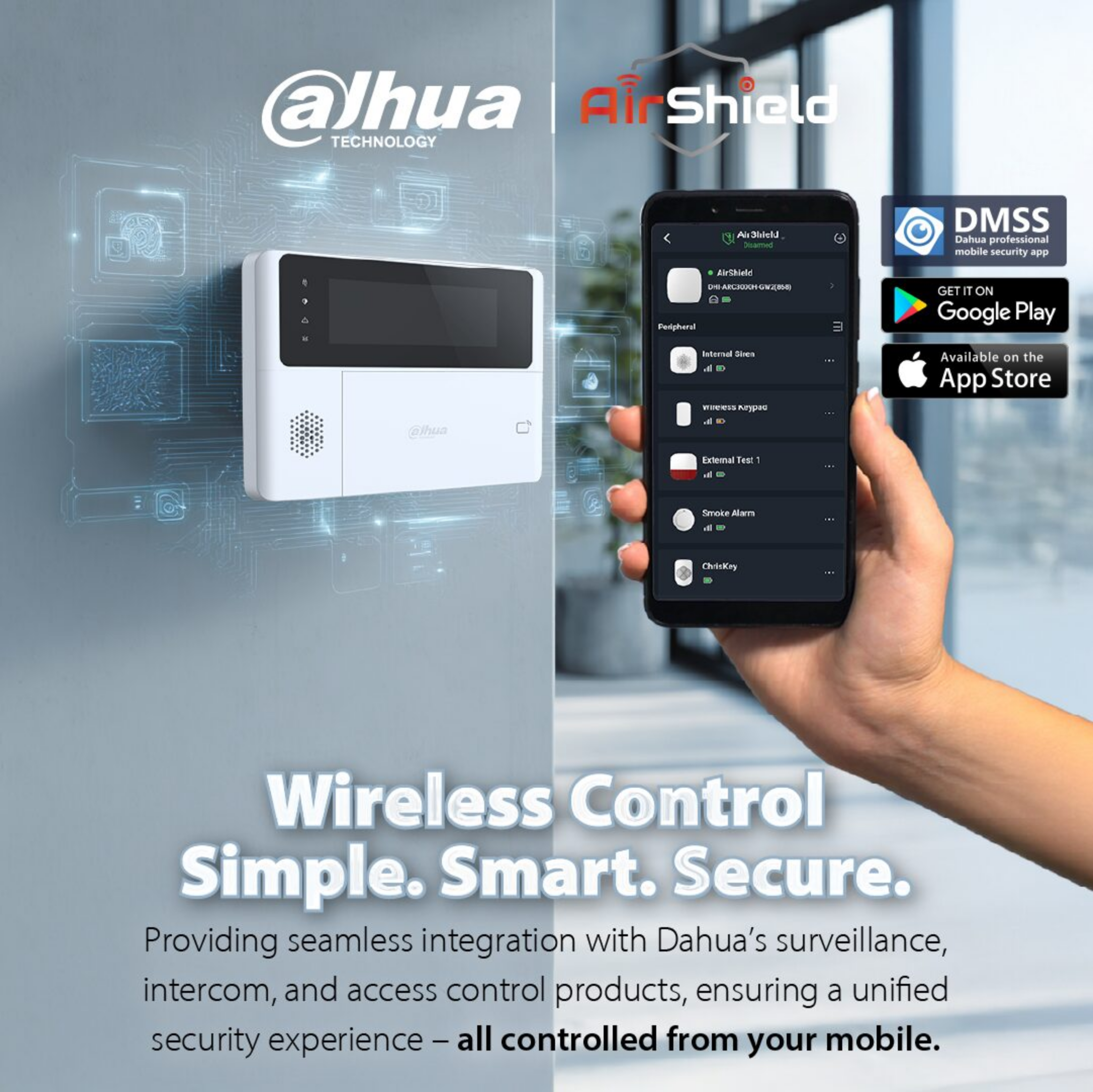 Dahua AirShield wireless alarm hub with DMSS mobile app showing real-time control and monitoring on smartphone