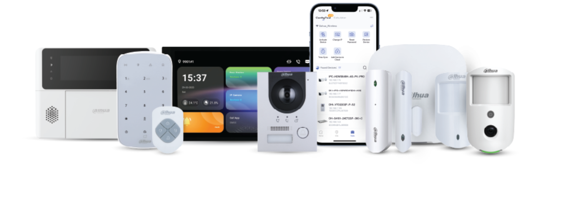 Dahua AirShield wireless alarm system components including hub, keyfob, motion sensors, door contacts, smartphone app, and siren