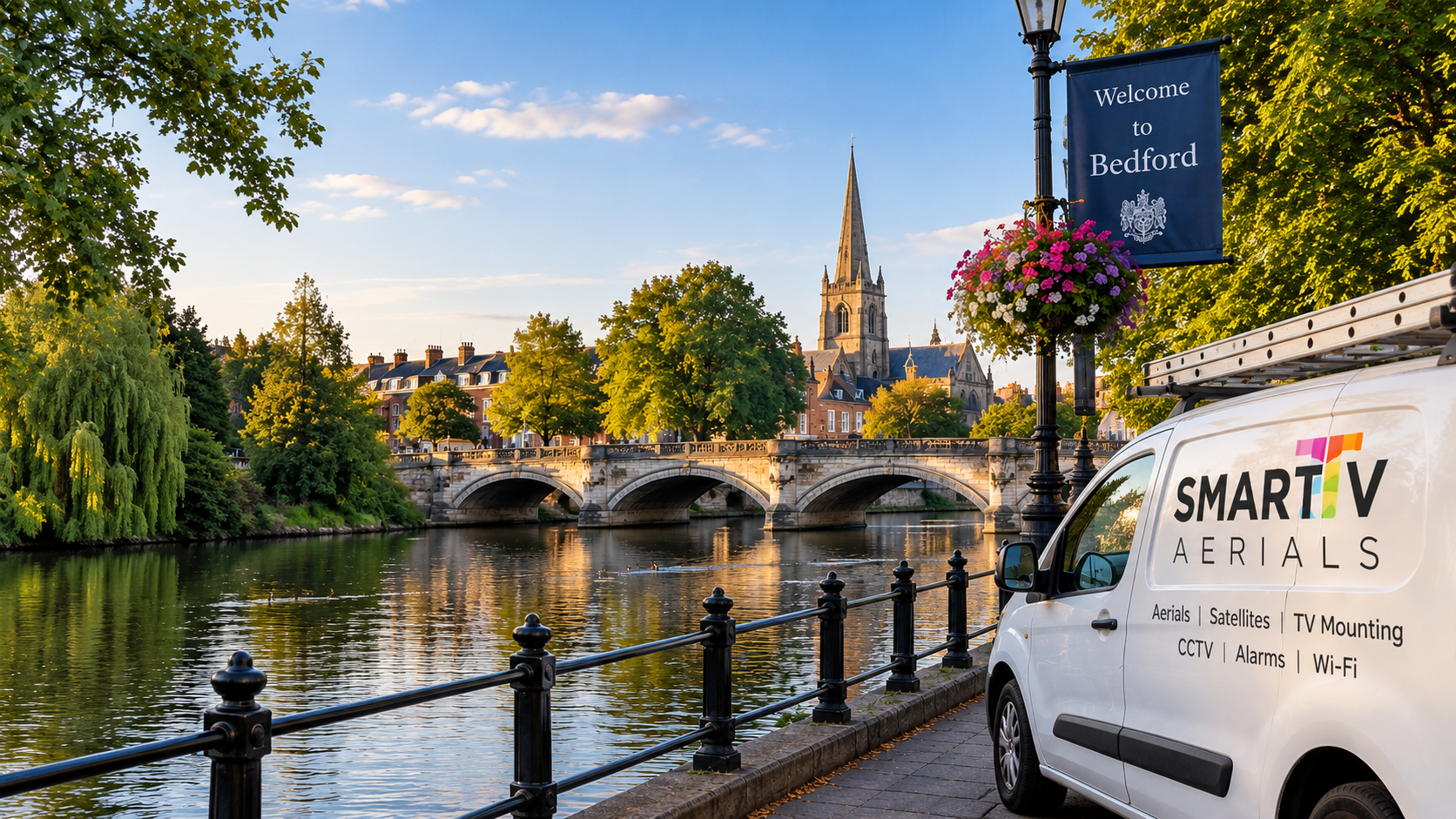 Smart TV Aerials branded van beside the historic Bedford river bridge and Bedford town skyline